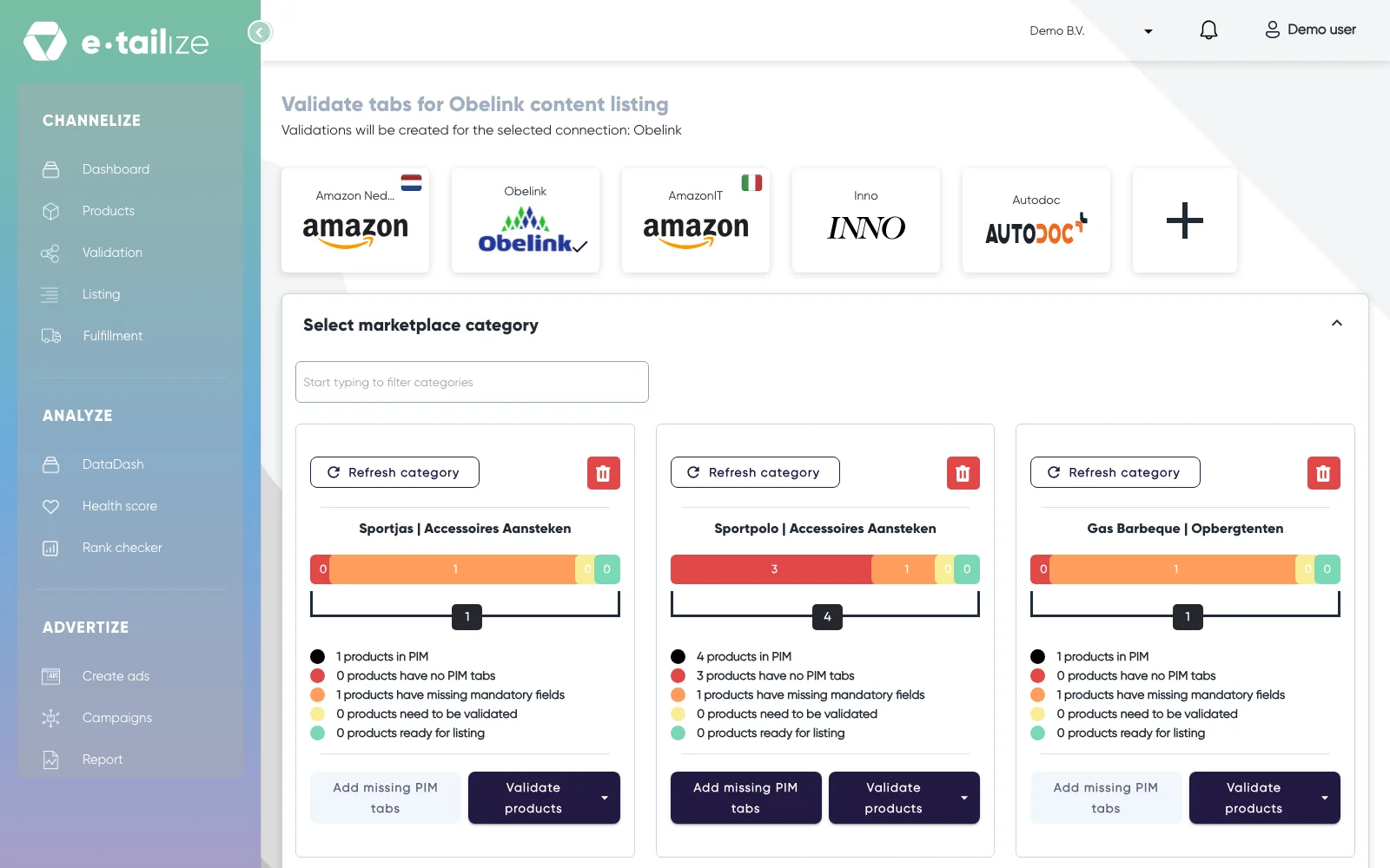 Validation per marketplace category in e-tailize