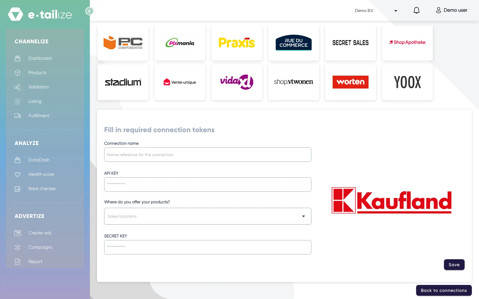 The form "Fill in required connection tokens" under the logo grid