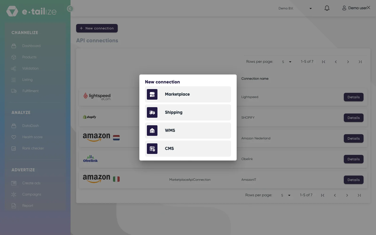 The "New connection" dialog over the "API connections" page, with the cards "Marketplace", "Shipping", "WMS" and "CMS"