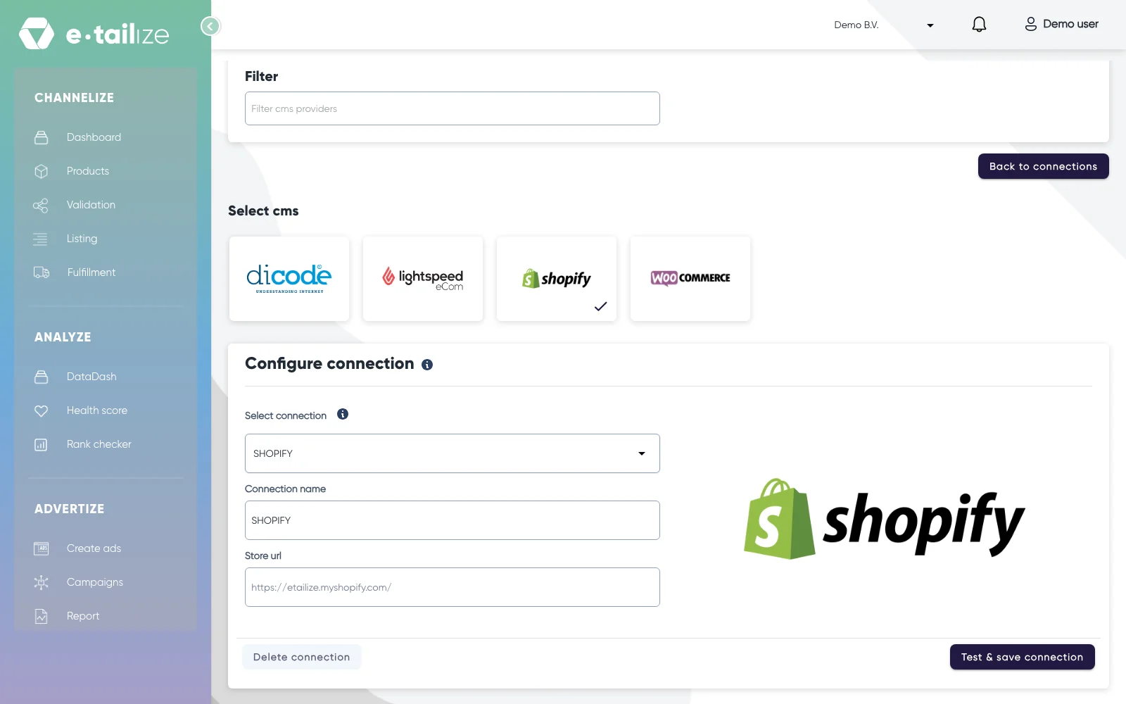 The block "Configure connection" with "Select connection", "Connection name", "Store url" and the button "Test & save connection"