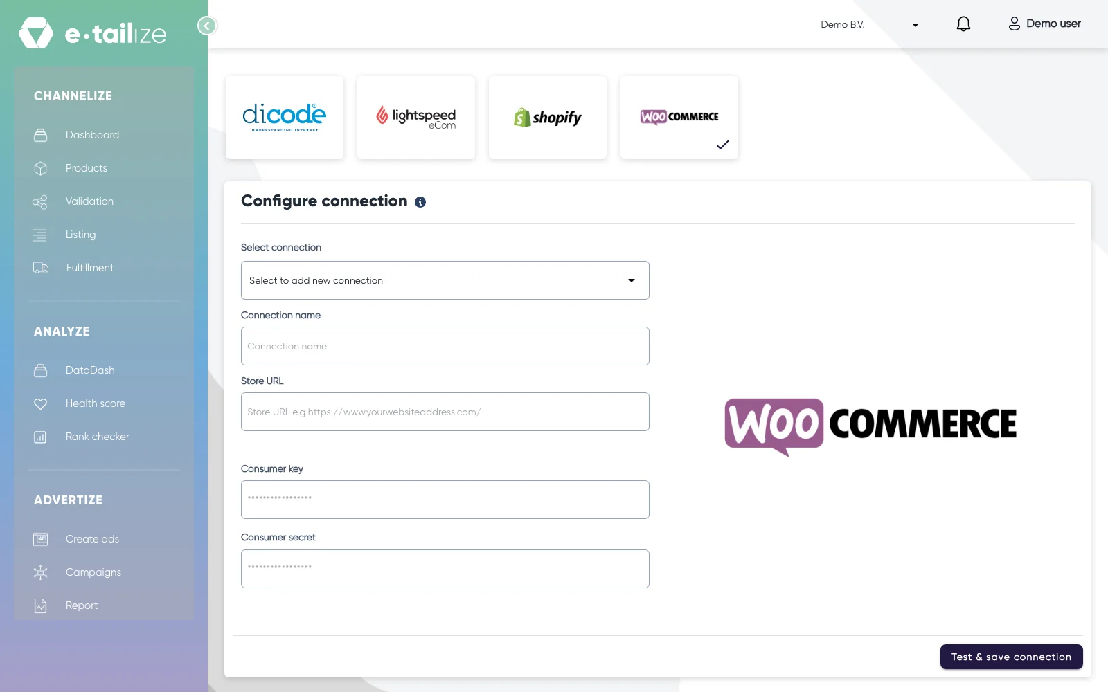 The WooCommerce form under "Configure connection", with "Connection name", "Store URL", "Consumer key", "Consumer secret" and the button "Test & save connection"