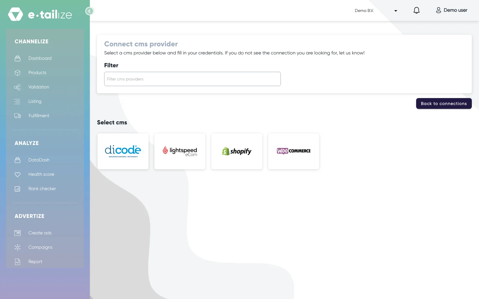 The page "Connect cms provider" with the logos of Dicode, Lightspeed, Shopify and WooCommerce under "Select cms"