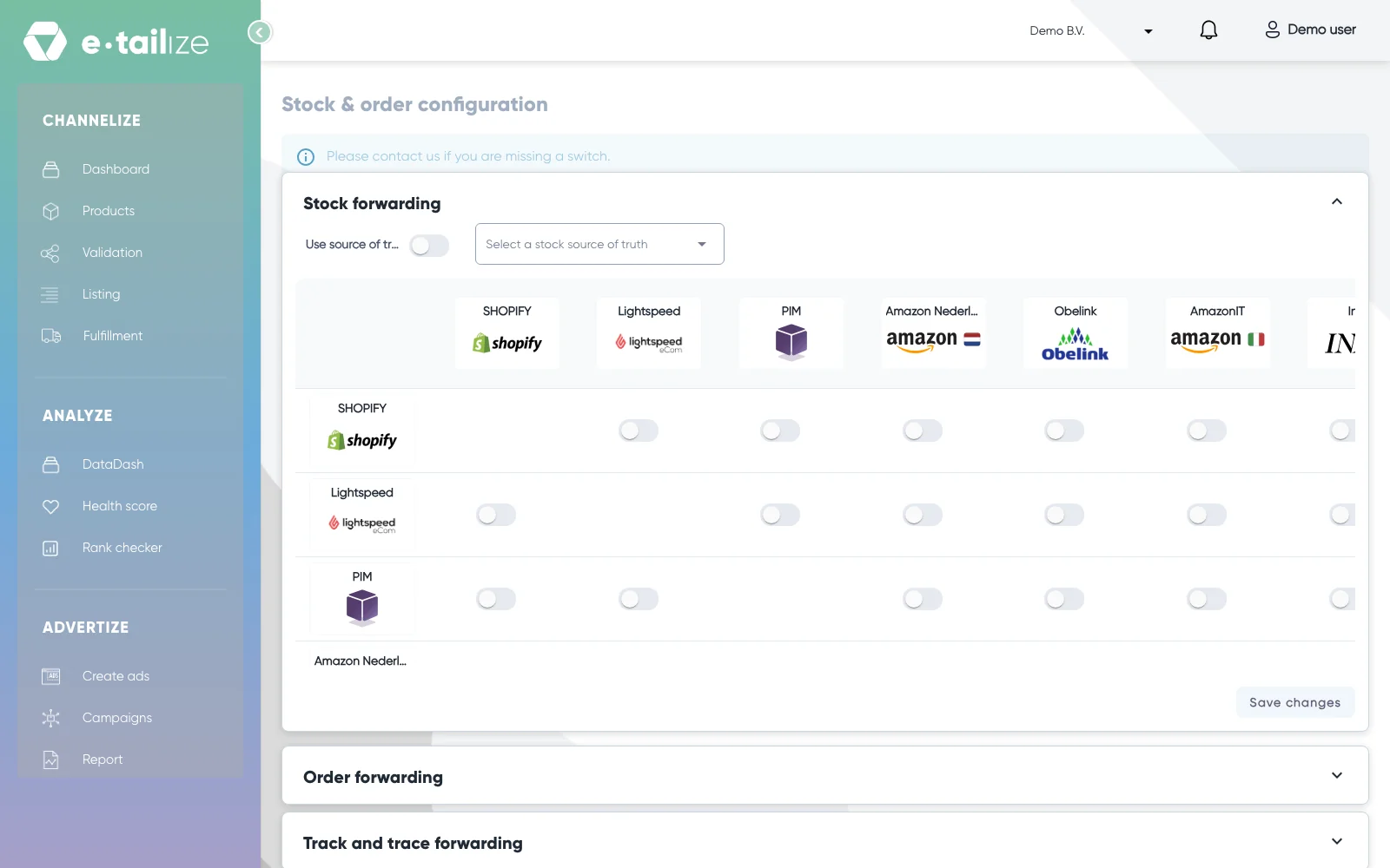 The page "Stock & order configuration" with "Stock forwarding" open above "Order forwarding" and "Track and trace forwarding"