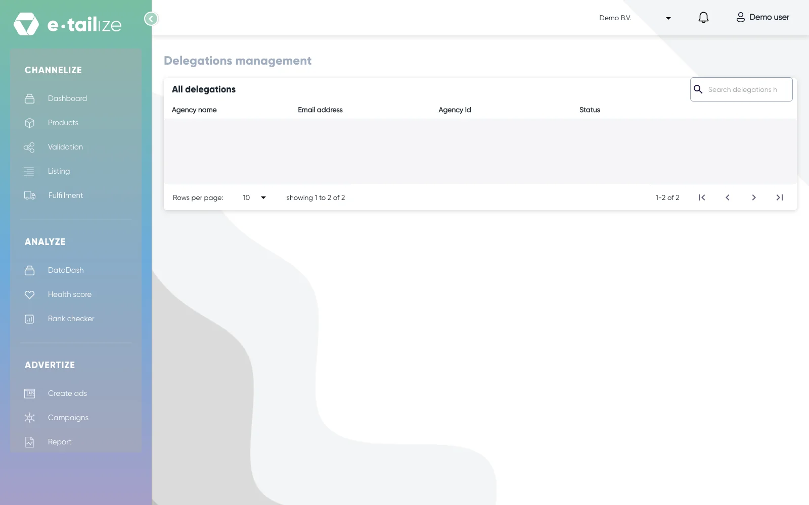The page "Delegations management" with the table "All delegations" and the box "Search delegations here" above it