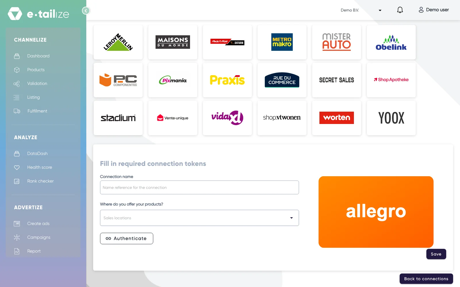 The wizard for Allegro: "Fill in required connection tokens" with the fields of Allegro