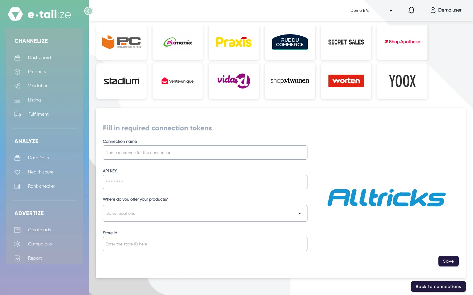 The wizard for Alltricks: "Fill in required connection tokens" with the fields of Alltricks