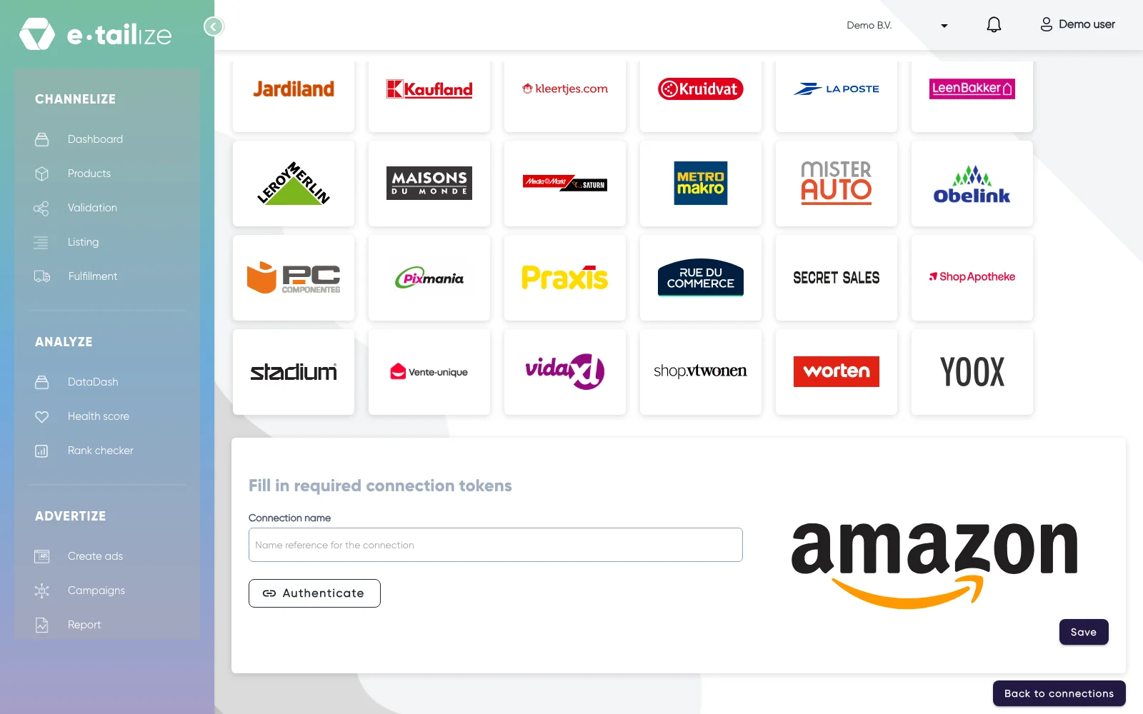 The wizard for Amazon: "Fill in required connection tokens" with the fields of Amazon