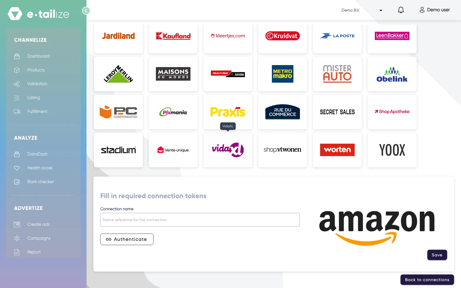 The Amazon form under "Fill in required connection tokens", with "Connection name", "Authenticate" and "Save"