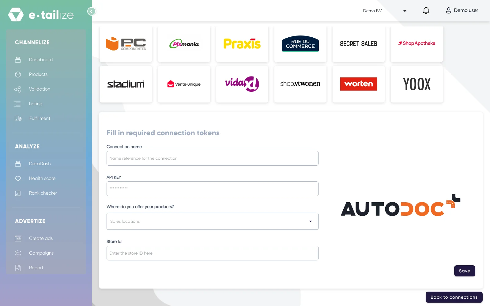The wizard for AUTODOC: "Fill in required connection tokens" with the fields of AUTODOC