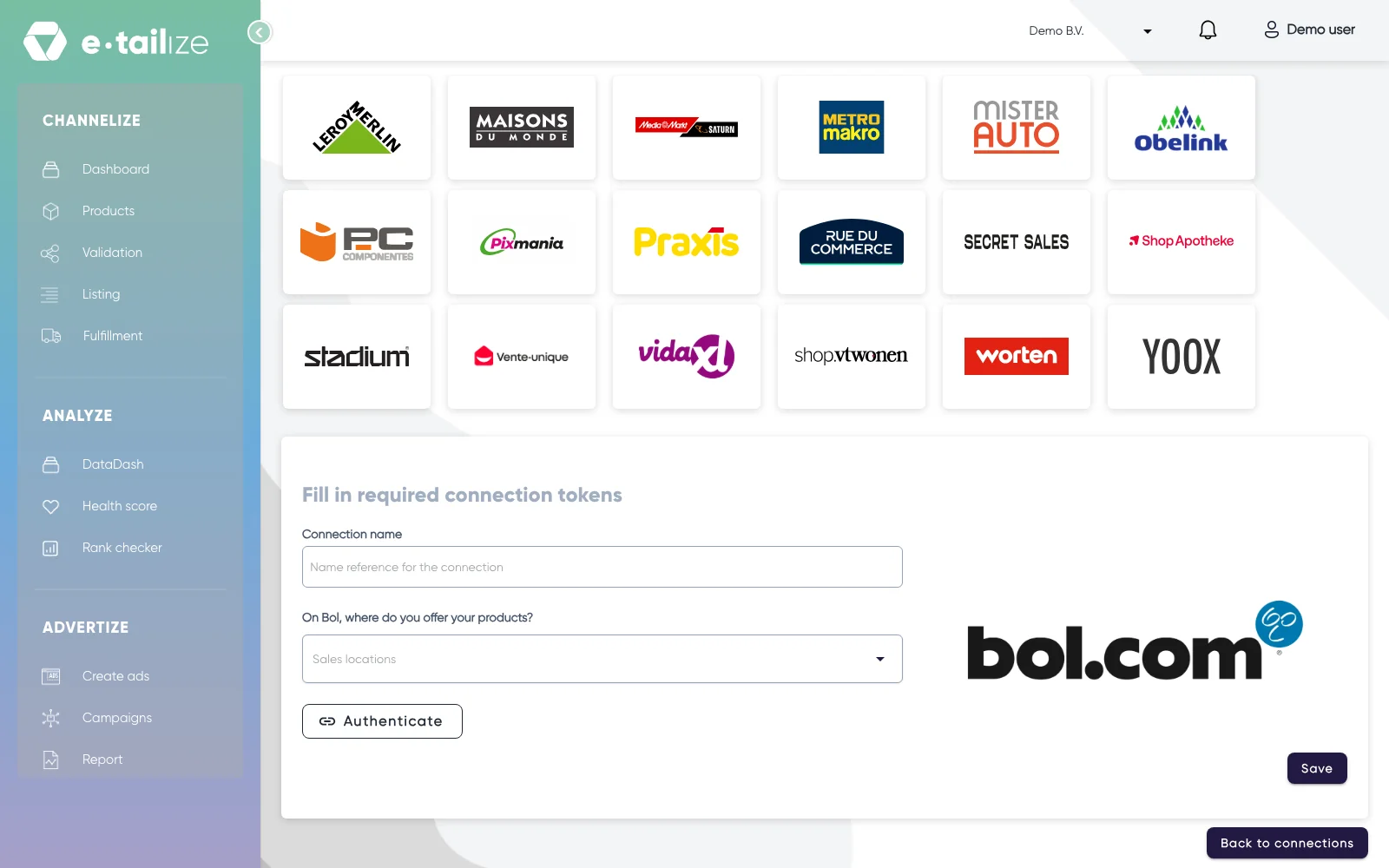 The bol form with "Connection name", "On Bol, where do you offer your products?" and the button "Authenticate"
