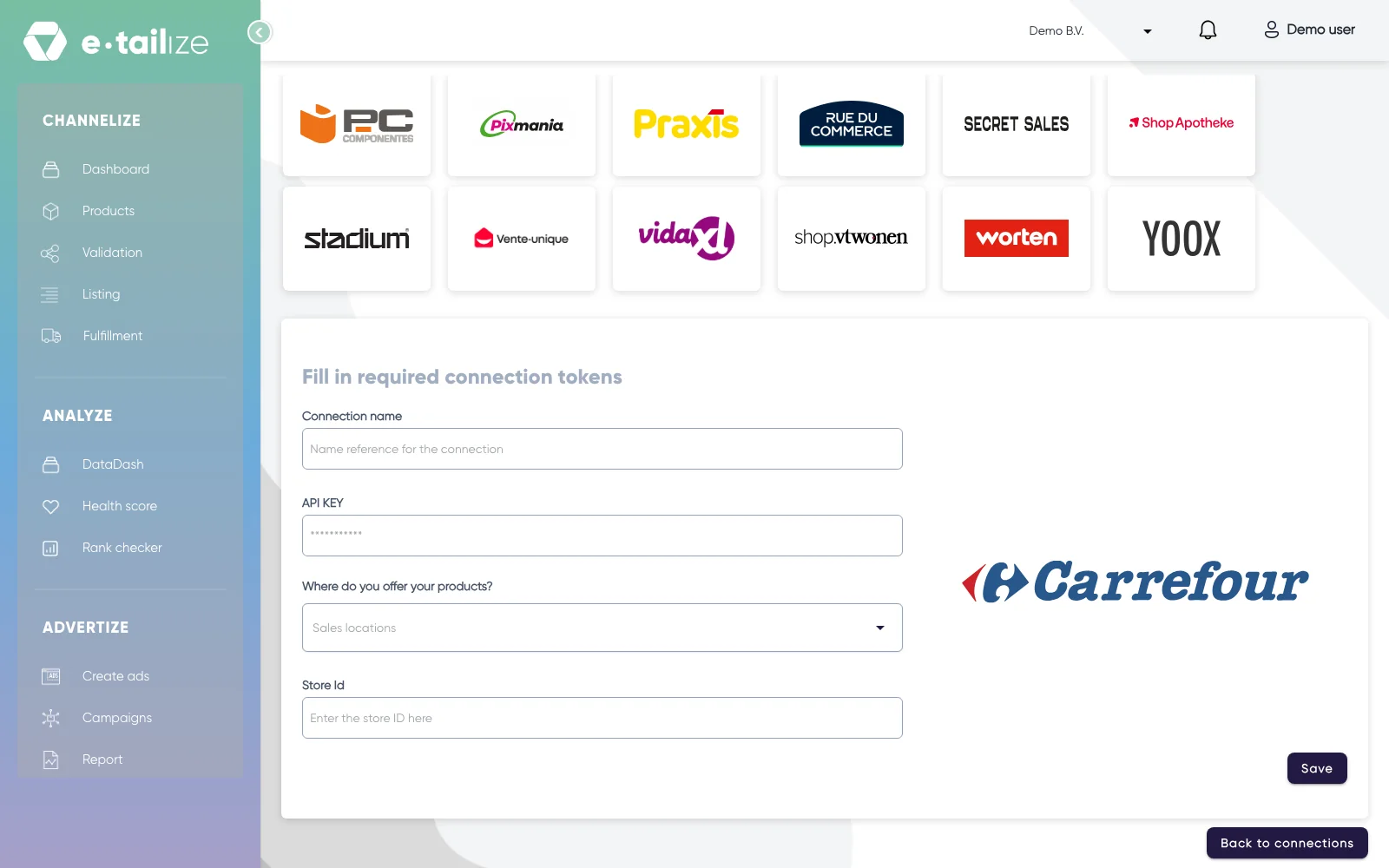 The wizard for Carrefour: "Fill in required connection tokens" with the fields of Carrefour