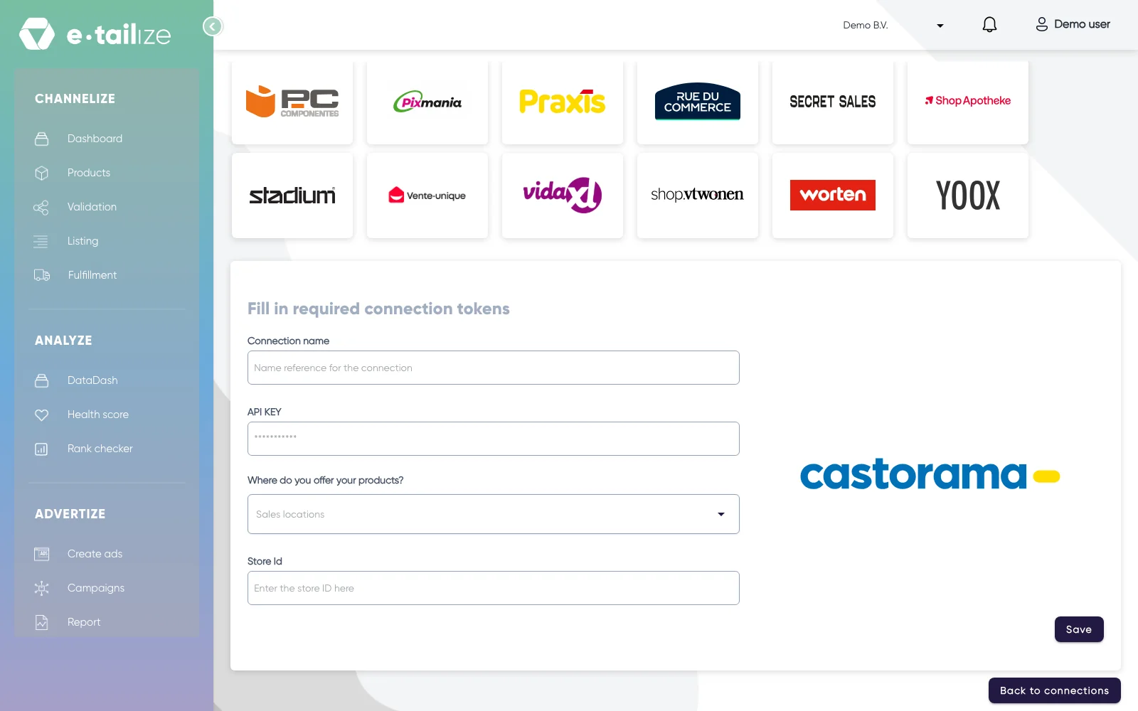 The wizard for Castorama: "Fill in required connection tokens" with the fields of Castorama