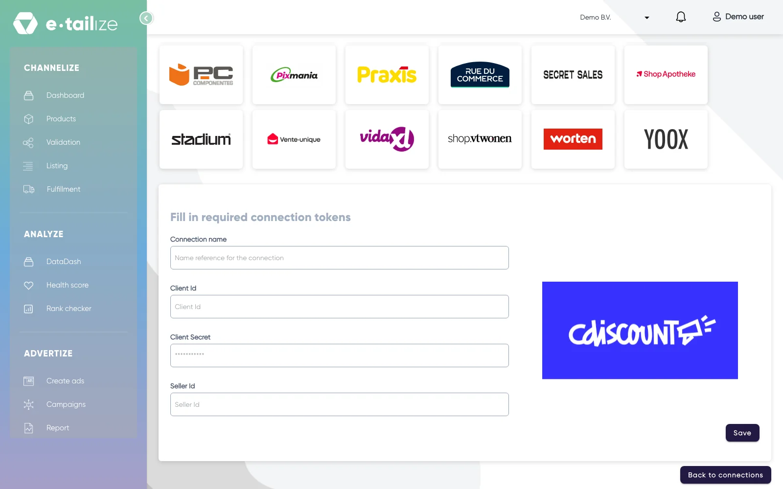 The Cdiscount form with "Connection name", "Client Id", "Client Secret" and "Seller Id" above the button "Save"