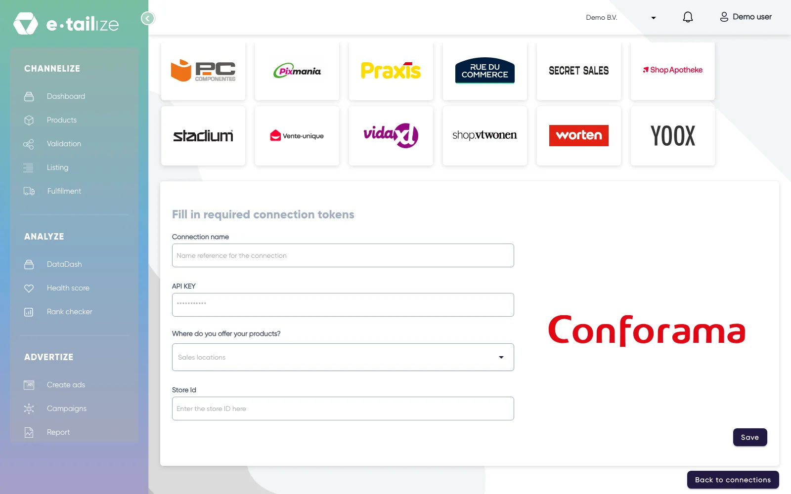 The wizard for Conforama: "Fill in required connection tokens" with the fields of Conforama