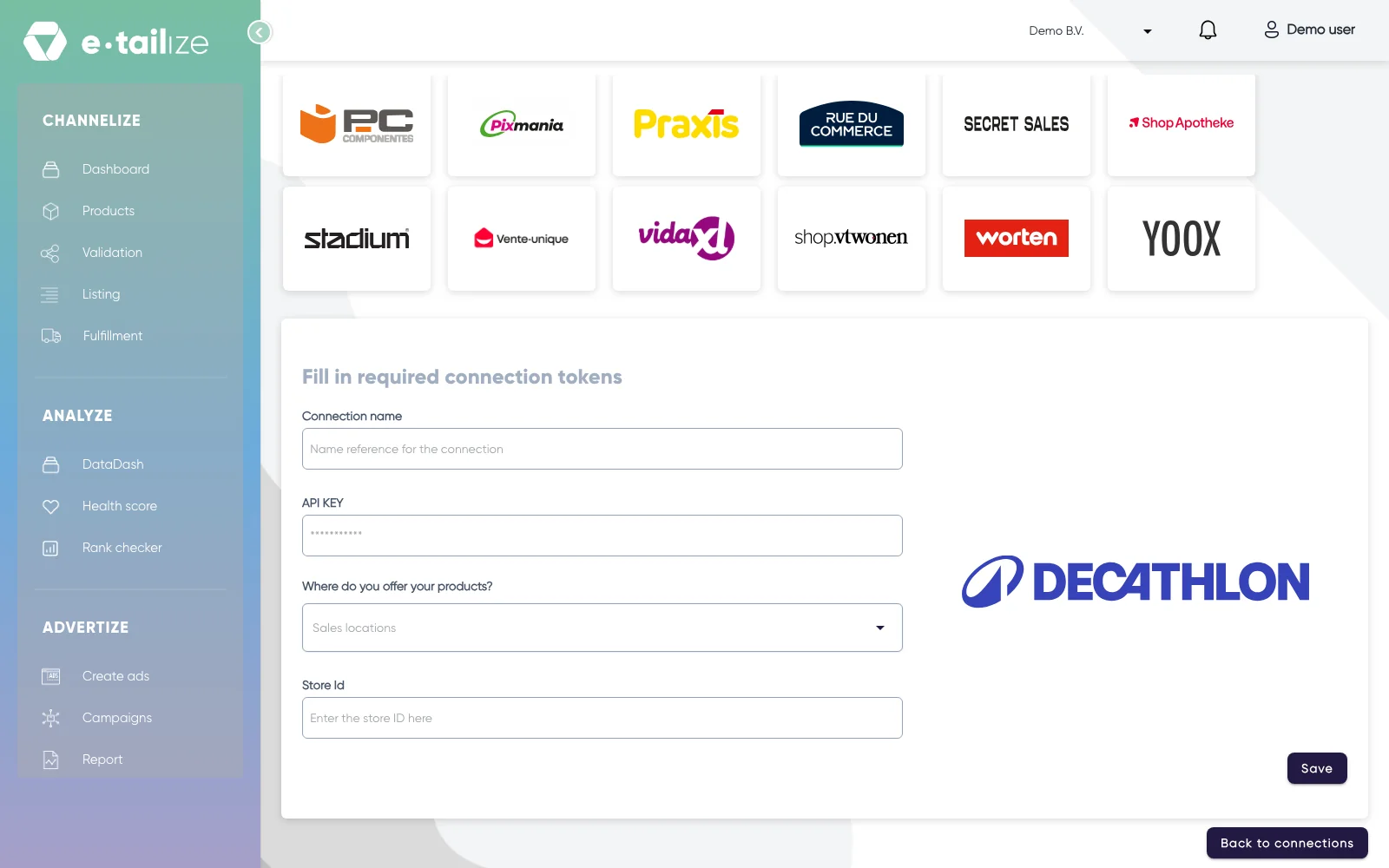 The wizard for Decathlon: "Fill in required connection tokens" with the fields of Decathlon