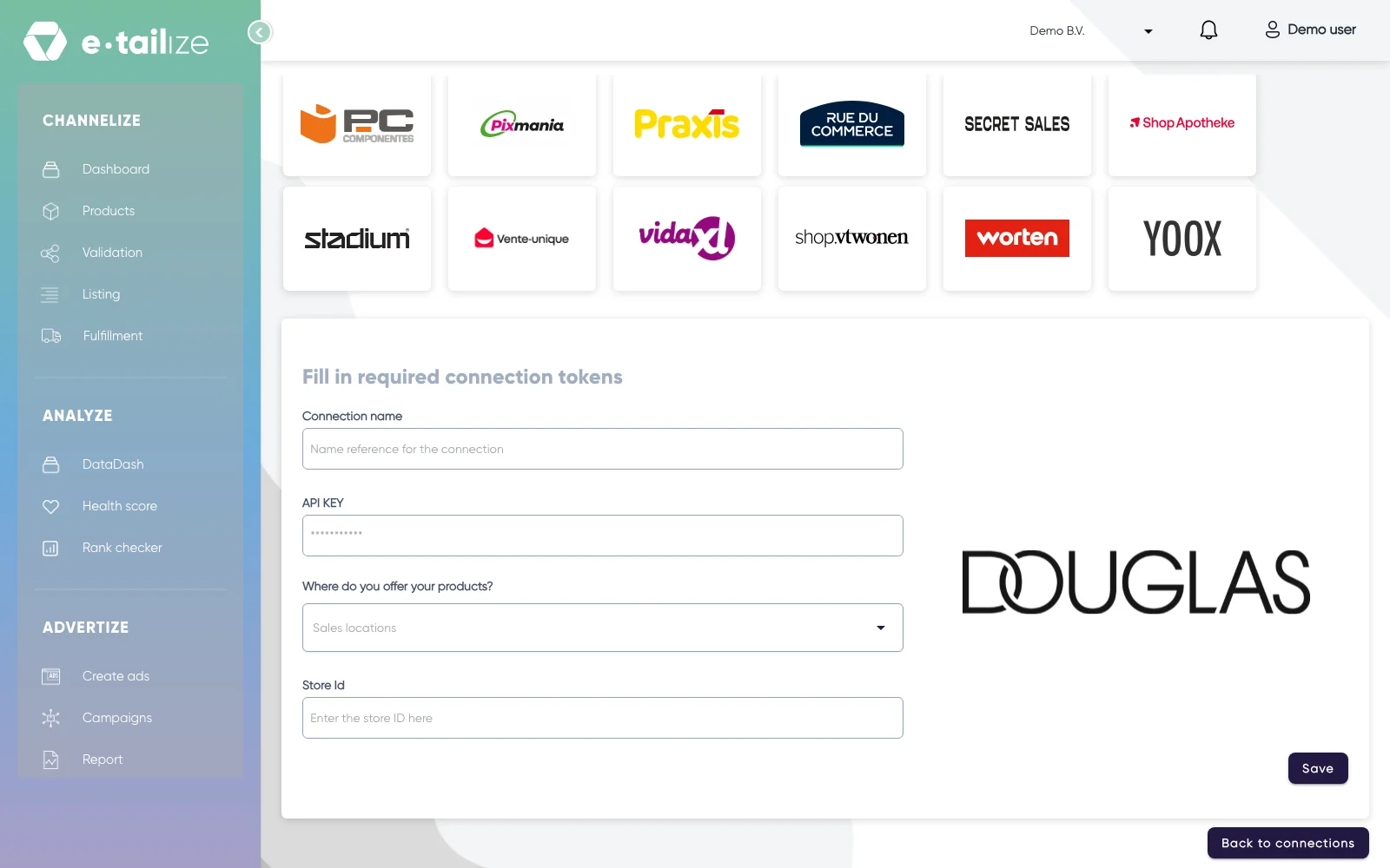 The wizard for Douglas: "Fill in required connection tokens" with the fields of Douglas