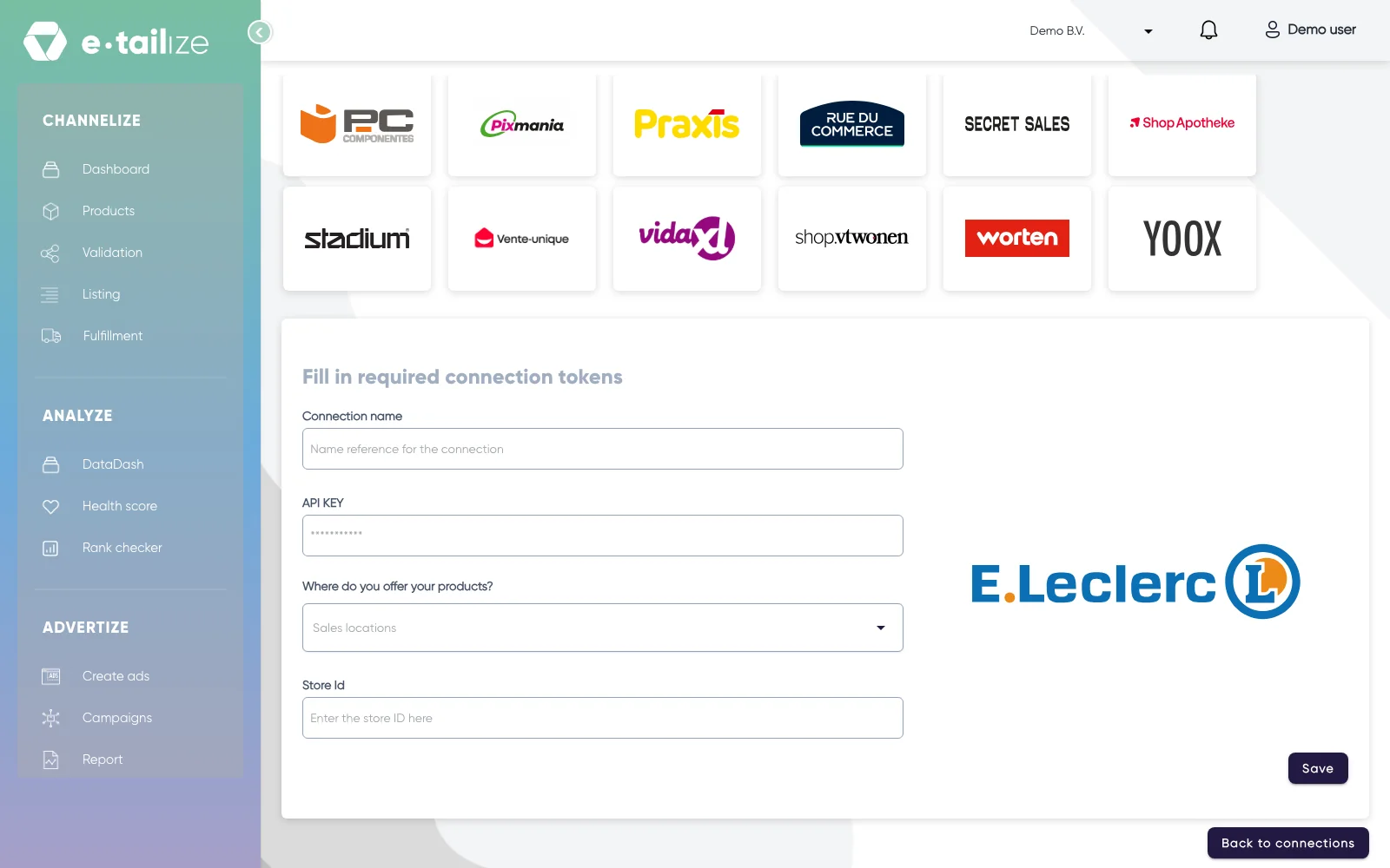 The wizard for E.Leclerc: "Fill in required connection tokens" with the fields of E.Leclerc