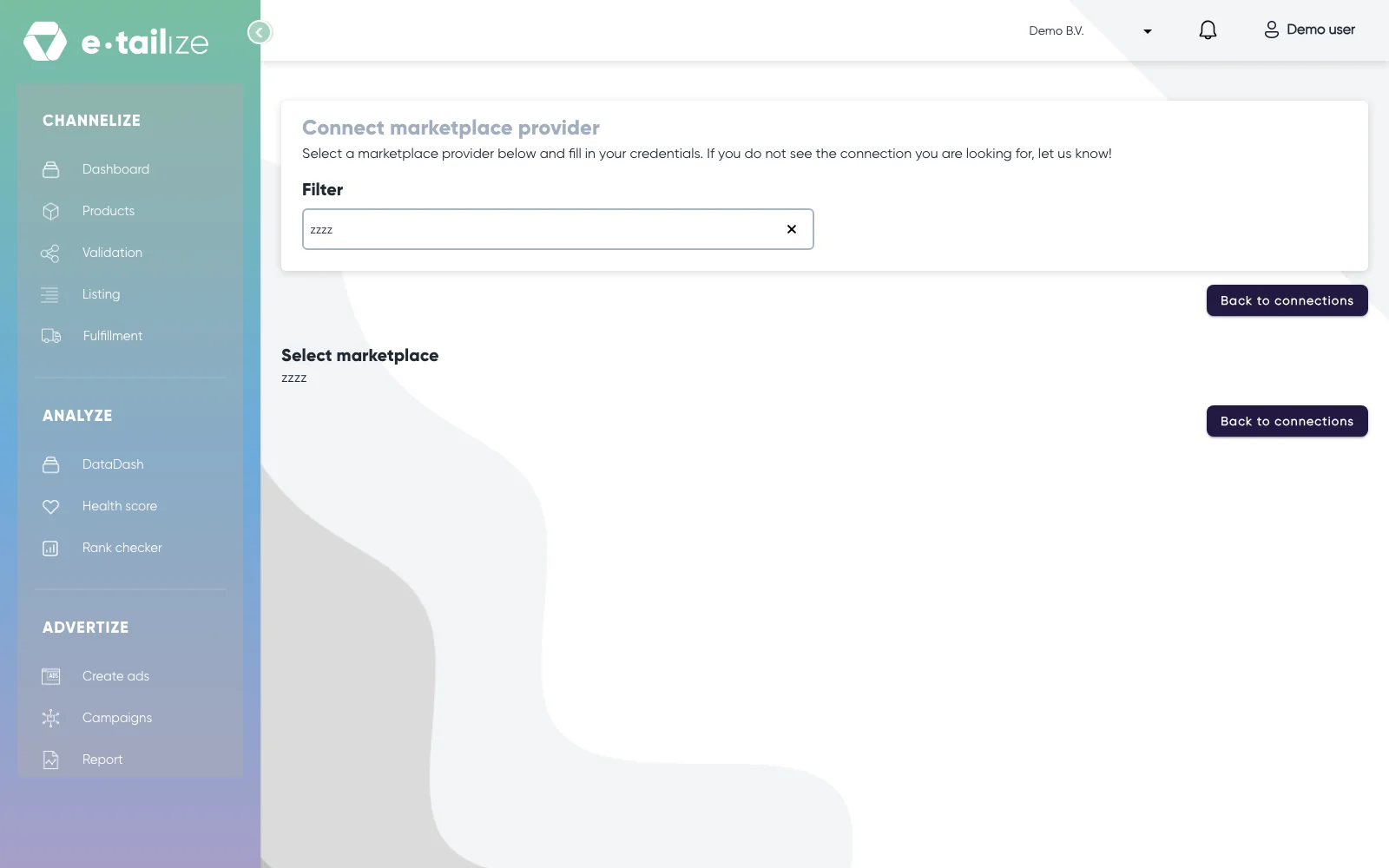 The "Filter" box with a search that matches nothing, and an empty "Select marketplace" grid