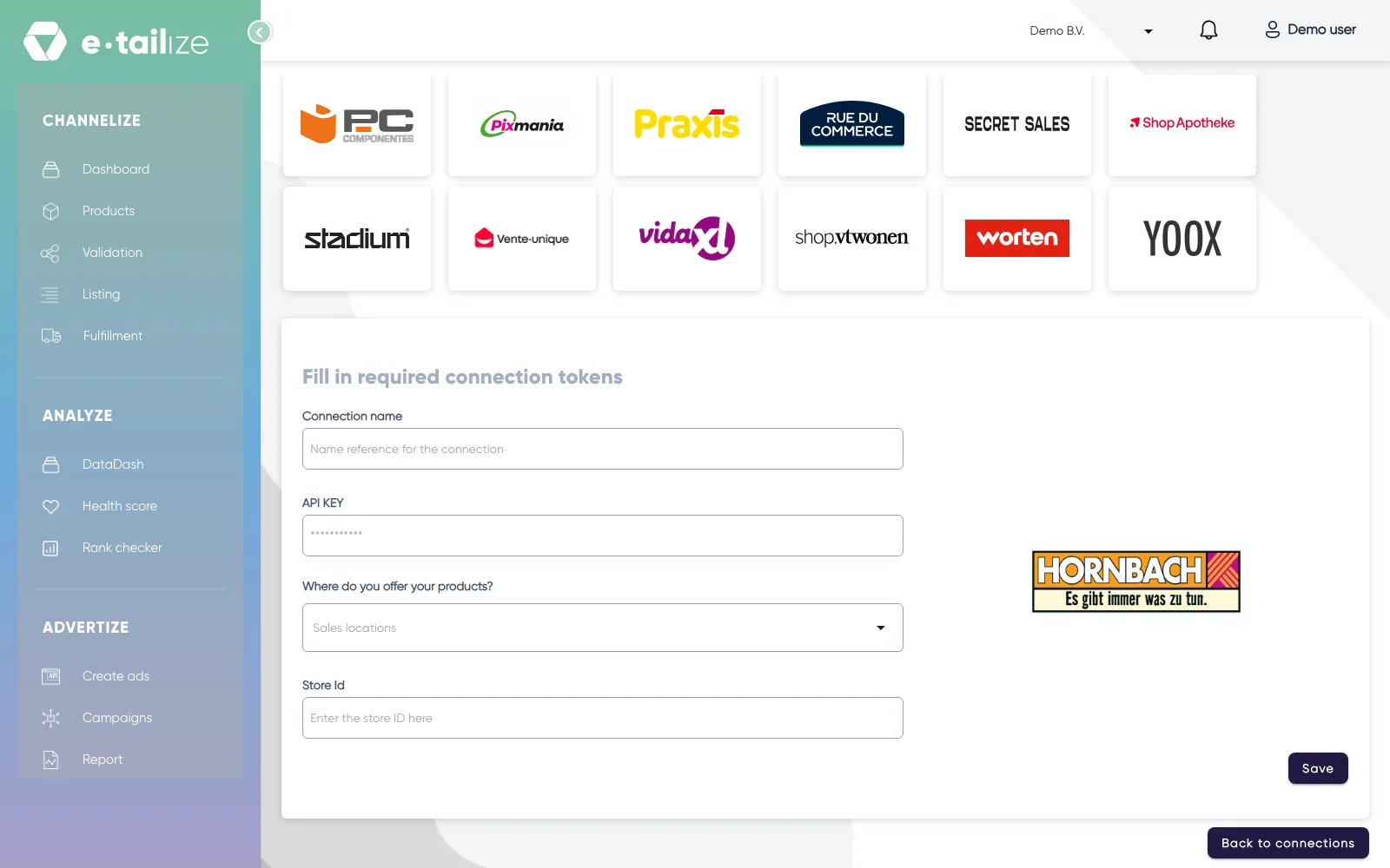 The wizard for Hornbach: "Fill in required connection tokens" with the fields of Hornbach
