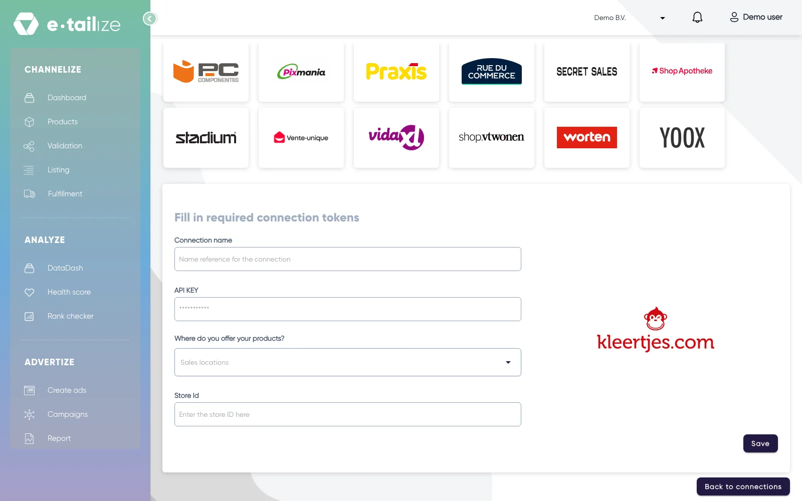 The wizard for Kleertjes.com: "Fill in required connection tokens" with the fields of Kleertjes.com
