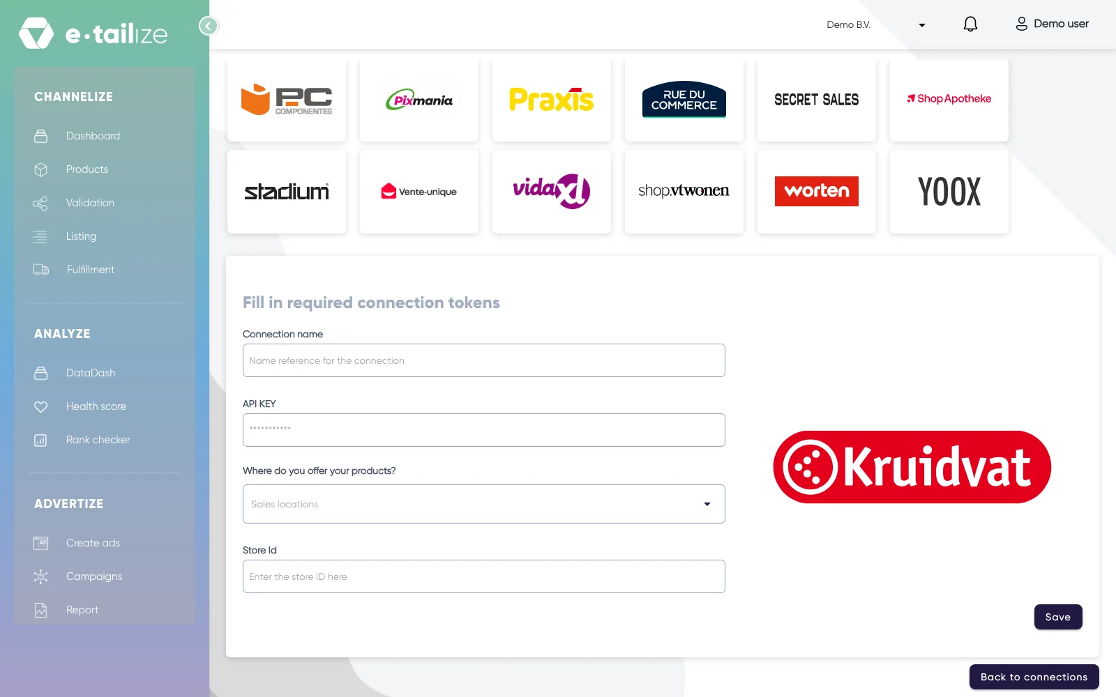 The wizard for Kruidvat: "Fill in required connection tokens" with the fields of Kruidvat