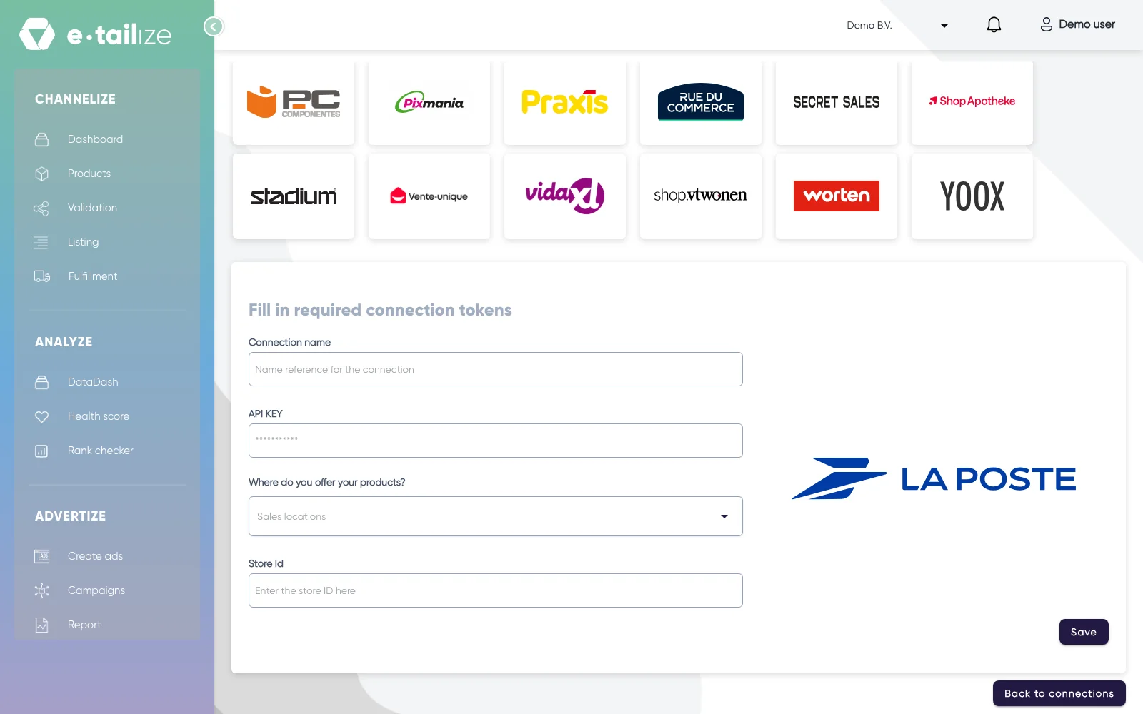 The wizard for La Poste: "Fill in required connection tokens" with the fields of La Poste