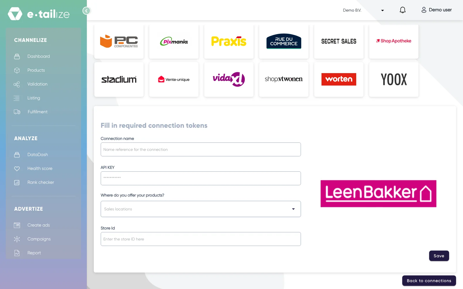 The wizard for Leen Bakker: "Fill in required connection tokens" with the fields of Leen Bakker
