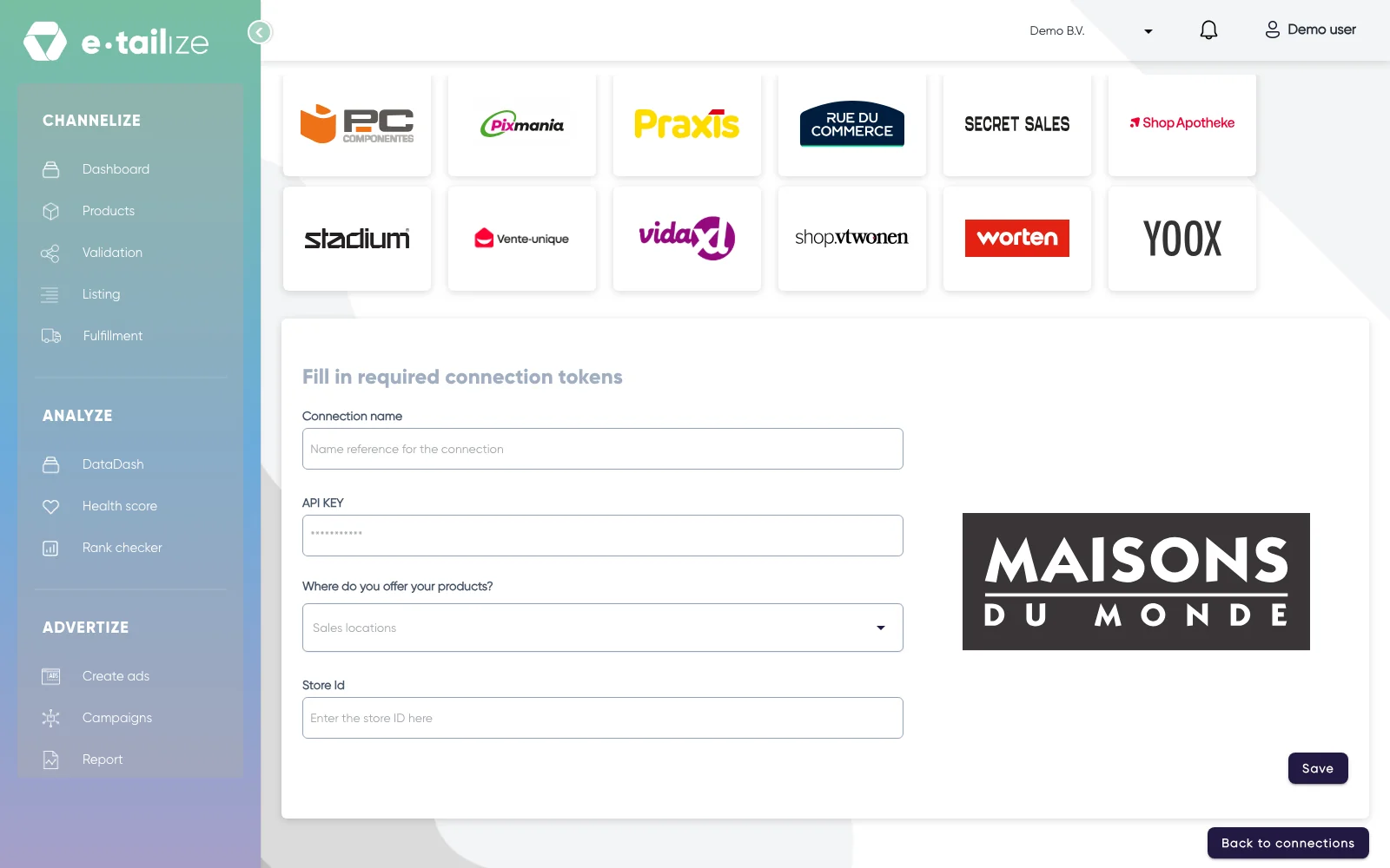 The wizard for Maisons du Monde: "Fill in required connection tokens" with the fields of Maisons du Monde