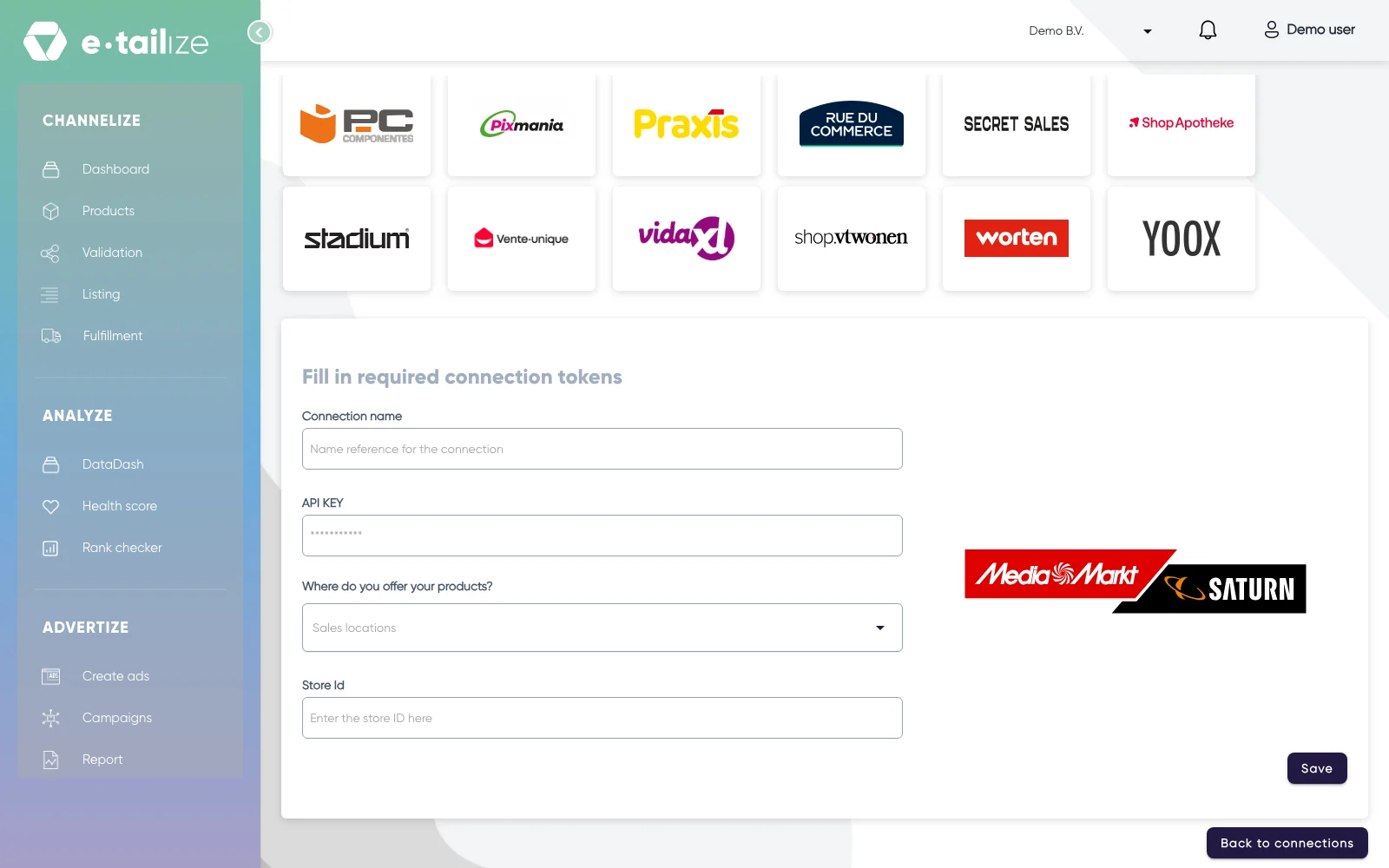 The wizard for MediaMarkt and Saturn: "Fill in required connection tokens" with the fields of MediaMarkt and Saturn