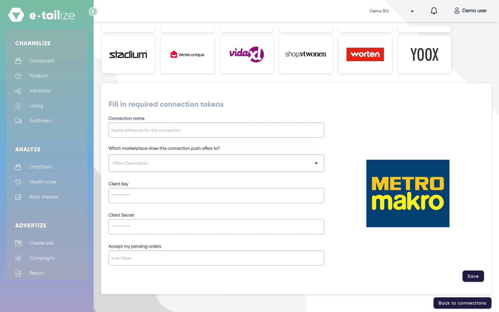 The METRO makro form with "Connection name", "Which marketplace does this connection push offers to?", "Client Key", "Client Secret" and "Accept my pending orders"