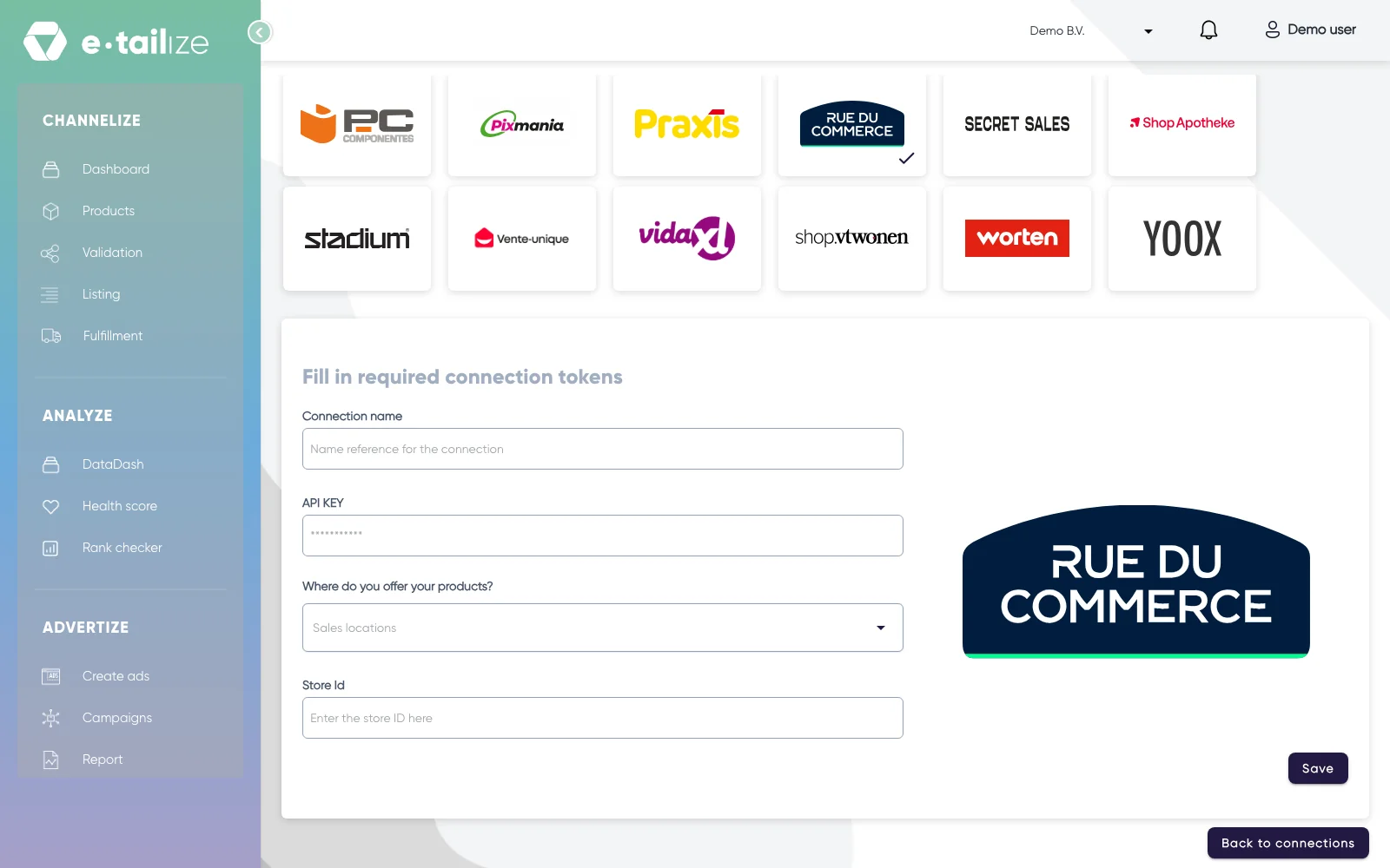 The wizard for Rue du Commerce: "Fill in required connection tokens" with the fields of Rue du Commerce