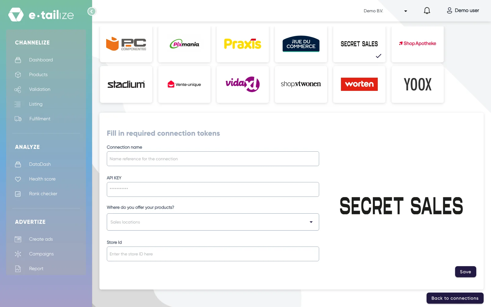 The wizard for Secret Sales: "Fill in required connection tokens" with the fields of Secret Sales