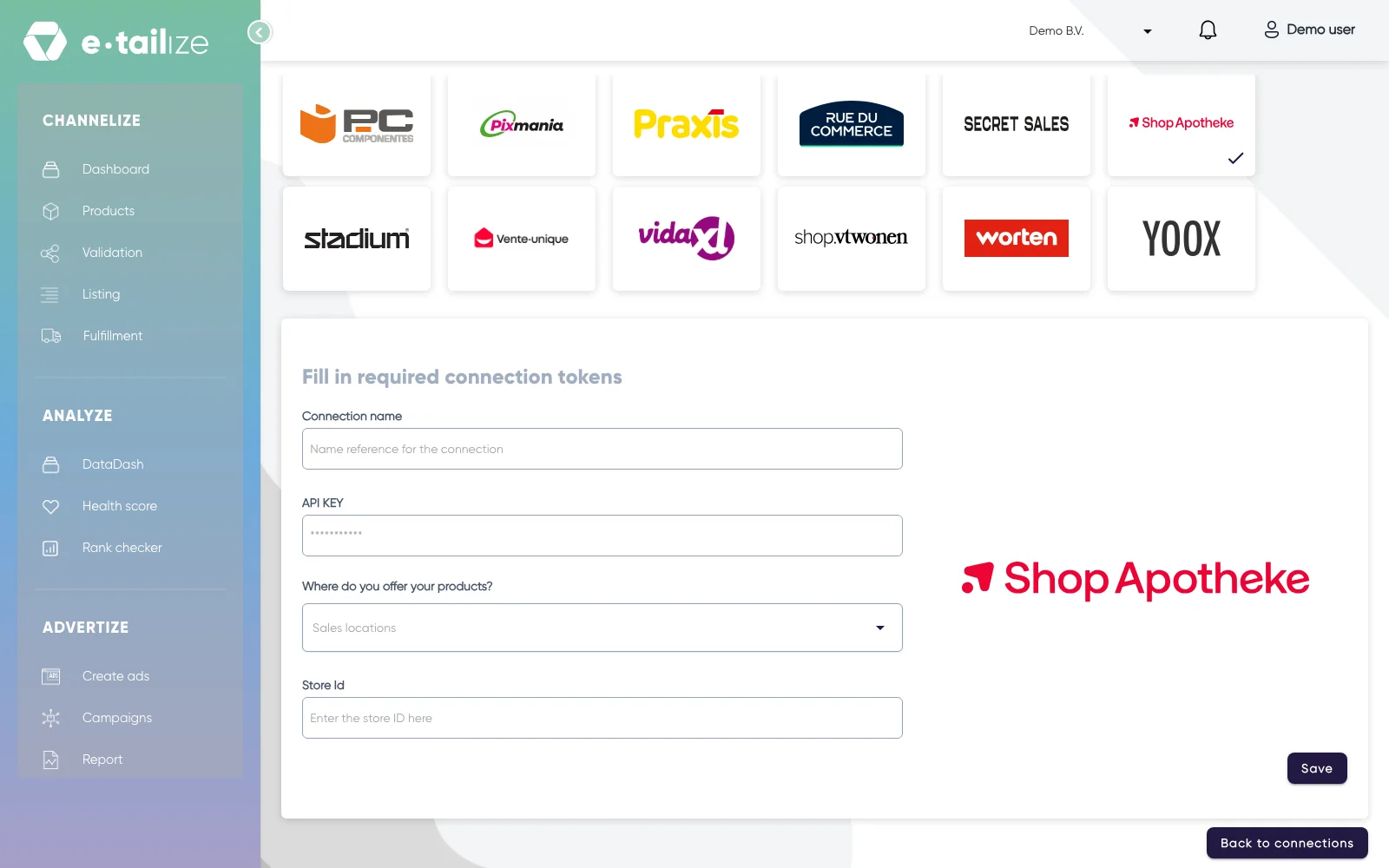 The wizard for Shop Apotheke: "Fill in required connection tokens" with the fields of Shop Apotheke