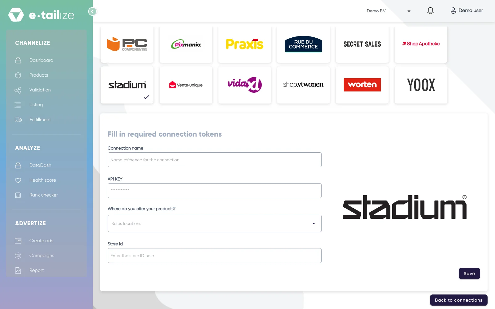 The wizard for Stadium: "Fill in required connection tokens" with the fields of Stadium