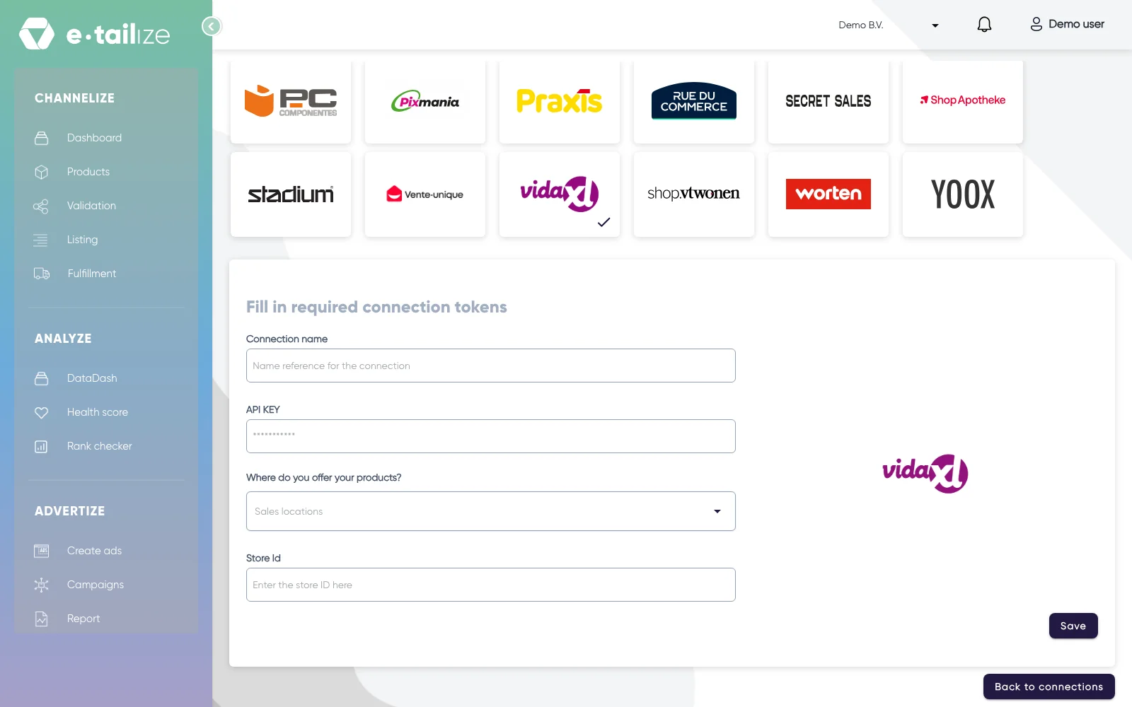 The wizard for vidaXL: "Fill in required connection tokens" with the fields of vidaXL