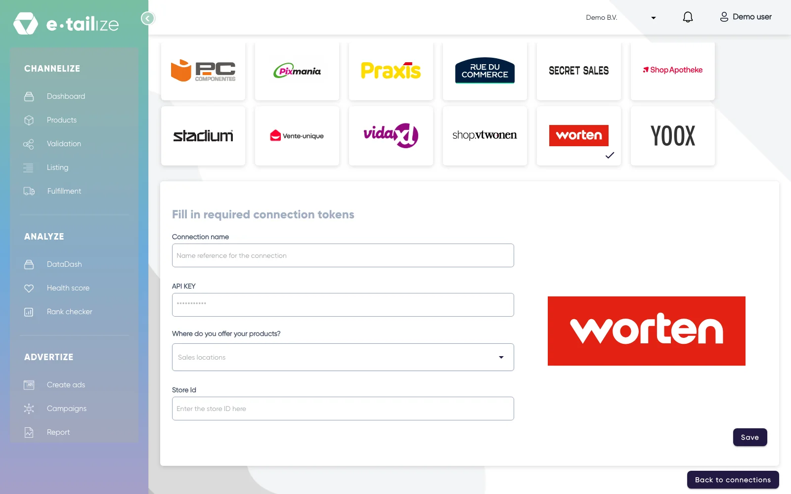 The wizard for Worten: "Fill in required connection tokens" with the fields of Worten