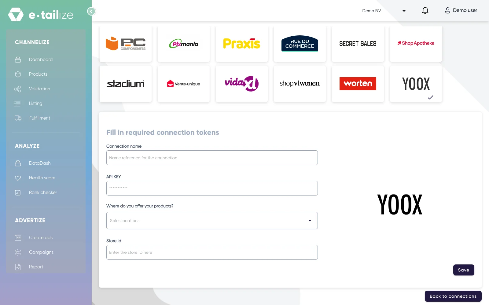 The wizard for YOOX: "Fill in required connection tokens" with the fields of YOOX