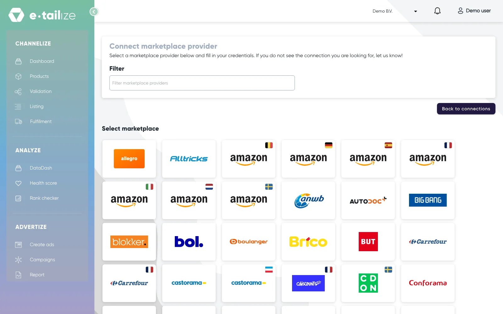 The page "Connect marketplace provider", with the "Filter" box above the logos of the marketplaces you can connect