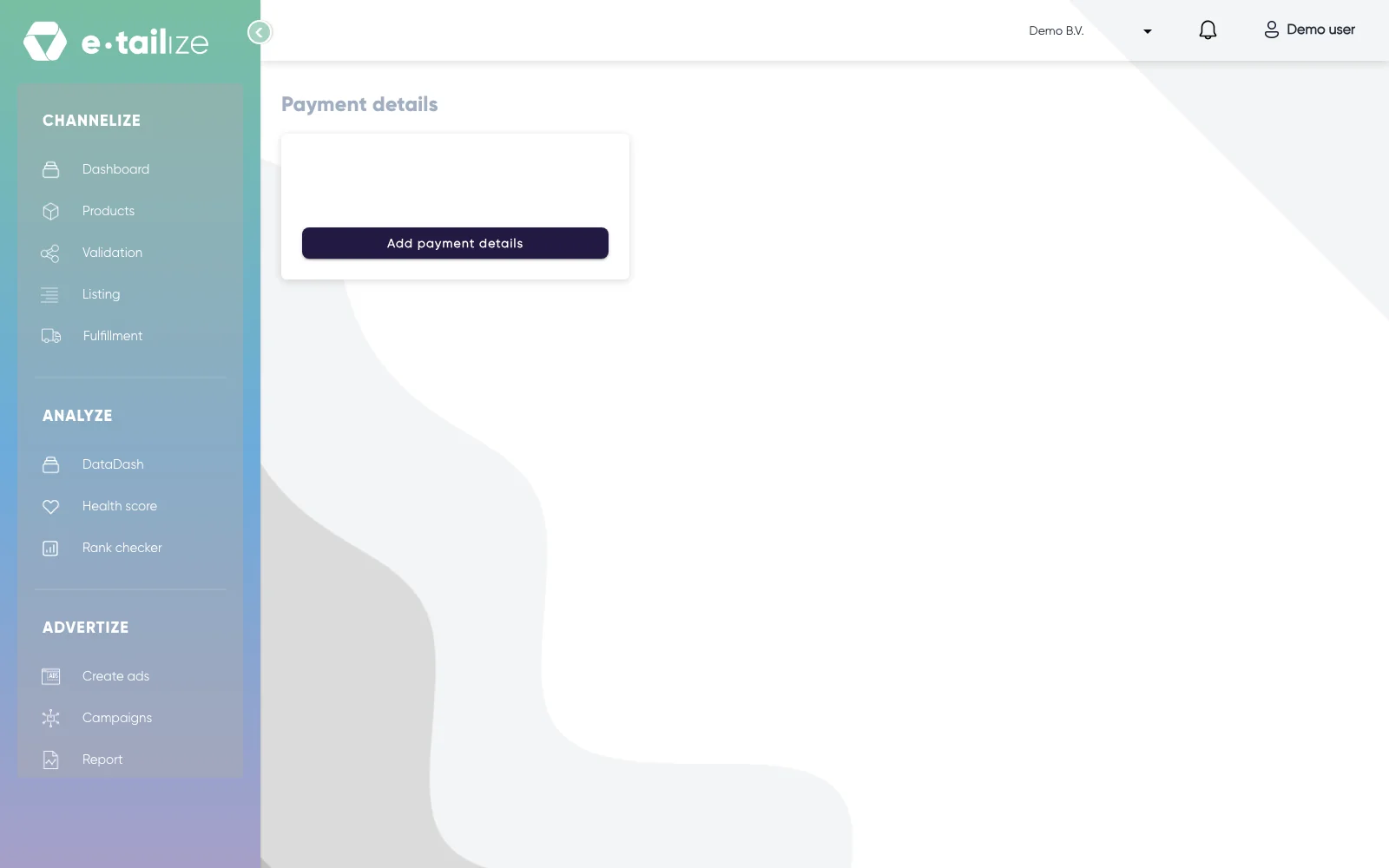 The page "Payment details" with the button "Add payment details" and nothing on file yet