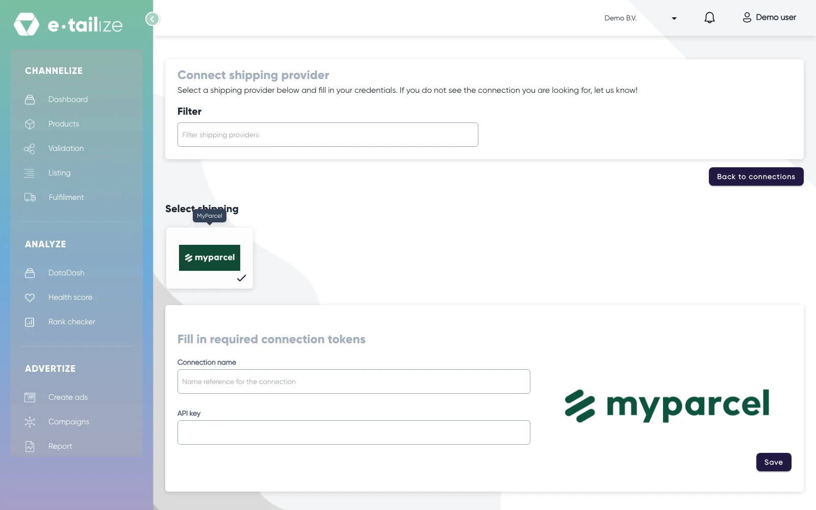 MyParcel ticked under "Select shipping", with the fields "Connection name" and "API key" and the button "Save"