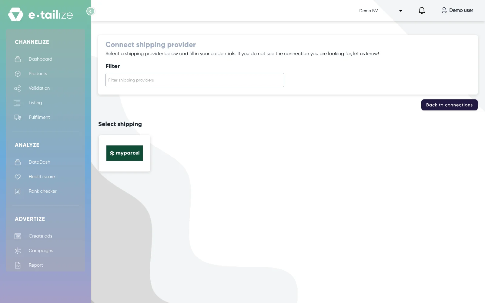 The page "Connect shipping provider", with the "Filter" box and MyParcel as the only logo under "Select shipping"