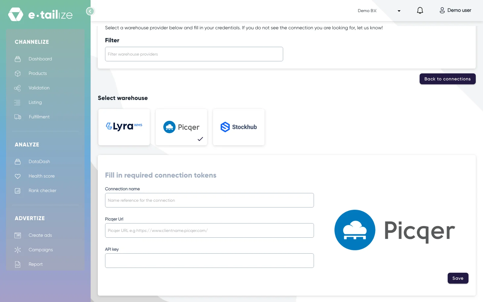 Picqer ticked under "Select warehouse", with the form "Fill in required connection tokens": "Connection name", "Picqer Url" and "API key"