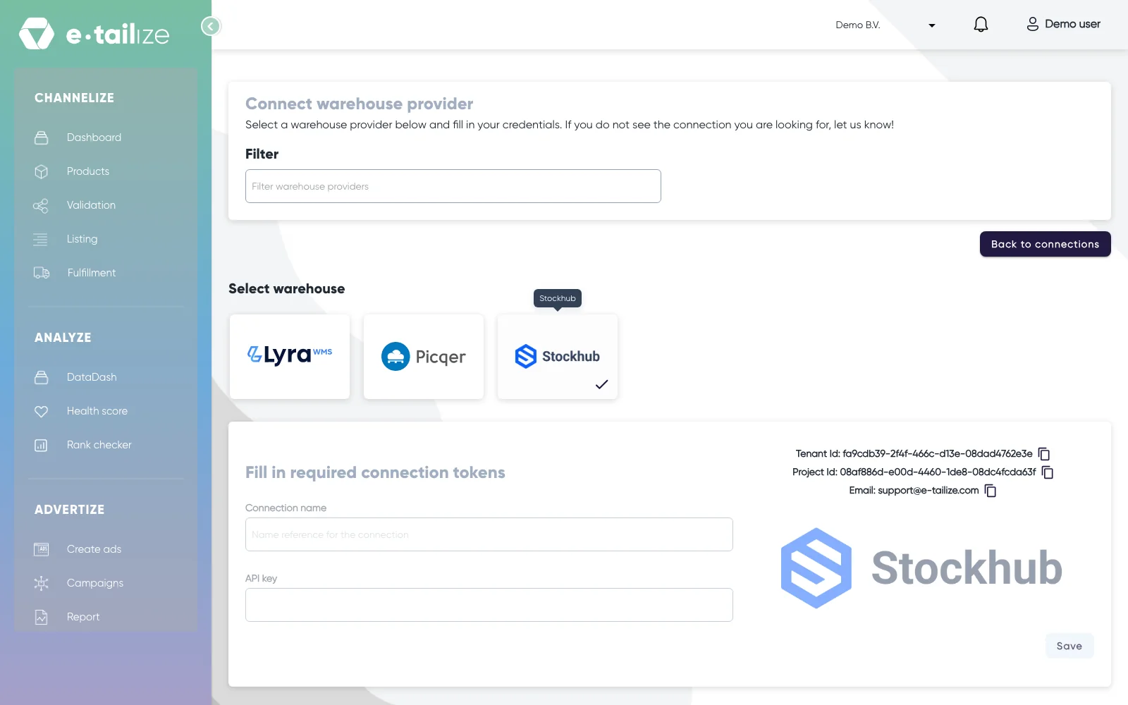Stockhub picked under "Select warehouse", with the greyed out form "Fill in required connection tokens" and the "Copy" buttons next to "Tenant Id", "Project Id" and "Email"