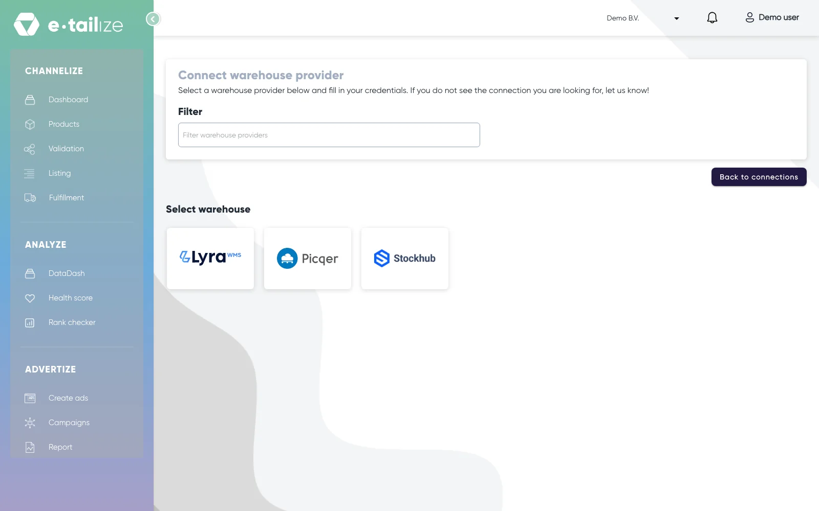 The "Connect warehouse provider" page, with the "Filter" box and Lyra, Picqer and Stockhub under "Select warehouse"