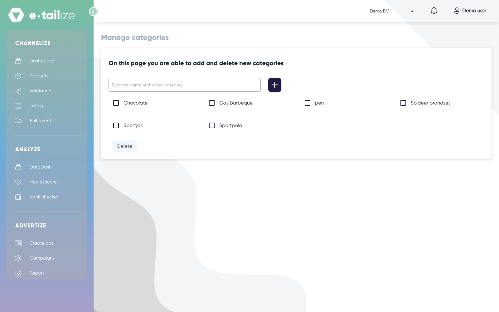 The page "Manage categories" with the field "Type the name of the new category", the add button, your categories with a checkbox each and the "Delete" button