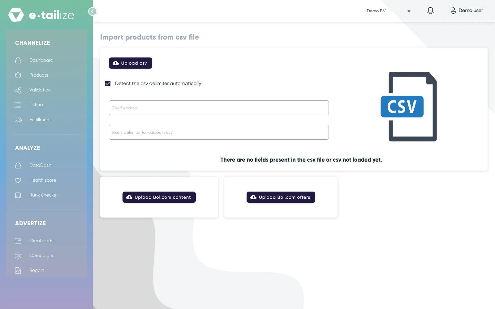 The page "Import products from csv file" with "Upload csv", the ticked checkbox "Detect the csv delimiter automatically", the fields "Csv filename" and "Insert delimiter for values in csv", and the buttons "Upload Bol.com content" and "Upload Bol.com offers"