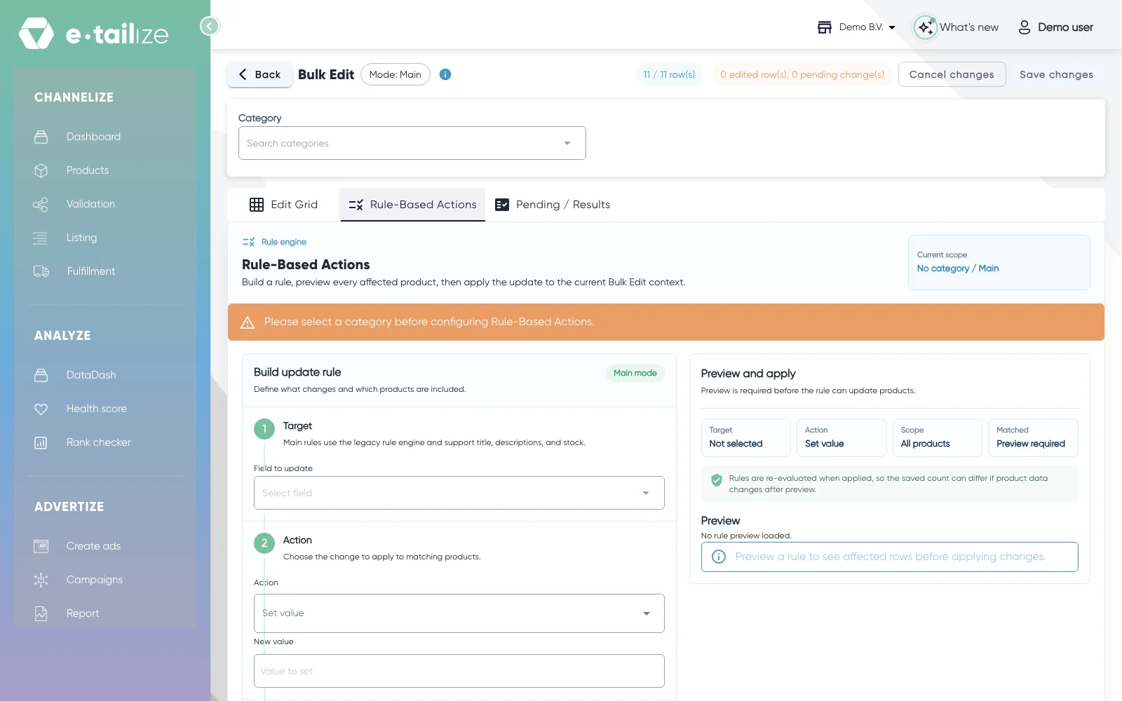 De tab "Rule-Based Actions" zonder categorie: "Please select a category before configuring Rule-Based Actions."