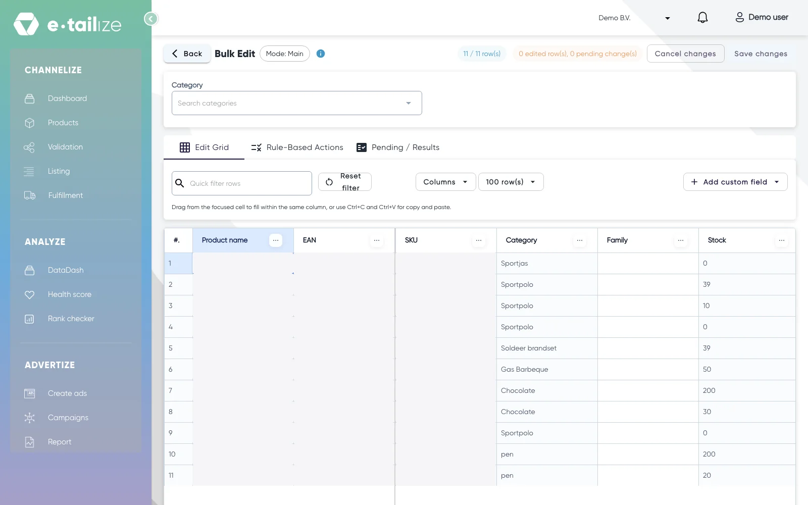 De tabel met je Main Tab data, met "Category" bovenaan, de tabs "Edit Grid", "Rule-Based Actions" en "Pending / Results", en rechtsboven "Save changes"