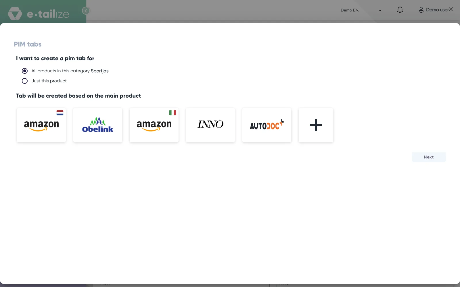 The "PIM tabs" dialog as it opens, with the scope preselected, a tile per connected marketplace and "Next" still off