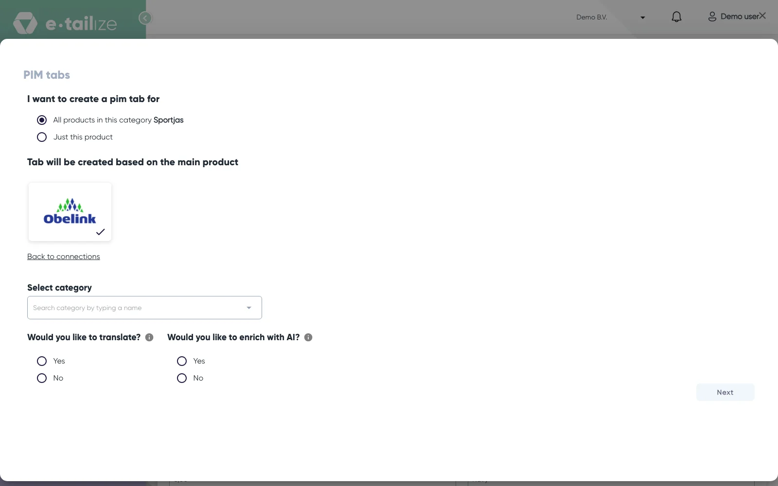 The same dialog after you pick a marketplace: only the chosen tile, the empty "Select category" box and the two questions about translation and AI